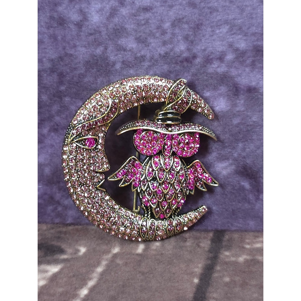 Pink Rhinestone Owl on Moon Brooch Whimsical Celestial Pin Jewelry‎